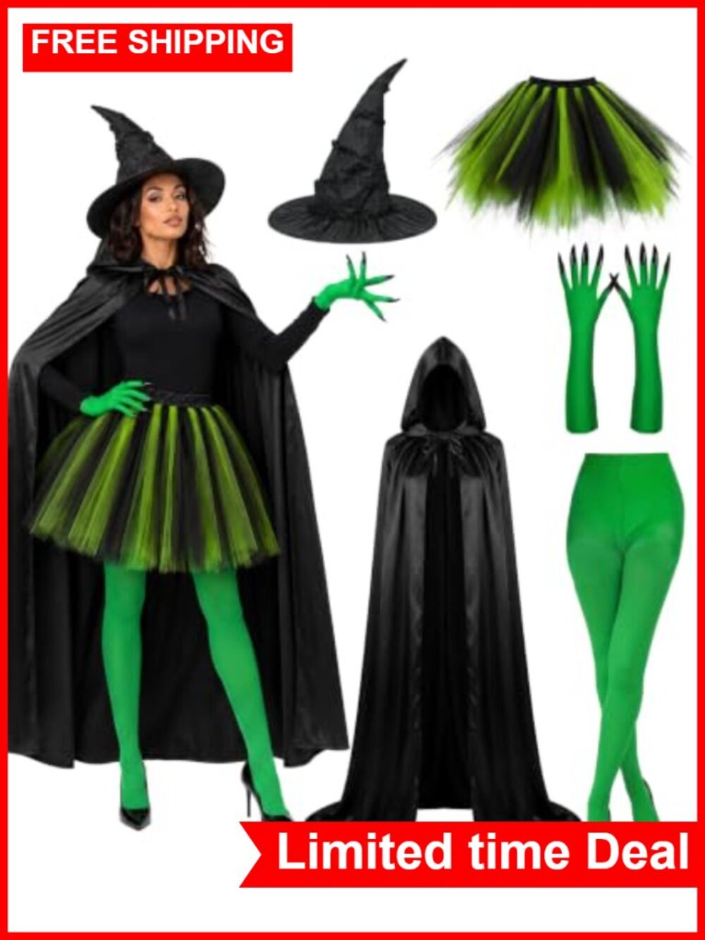 Witch Costume Set Hooded Cape Hat Gloves Tights Tulle Skirt Cosplay